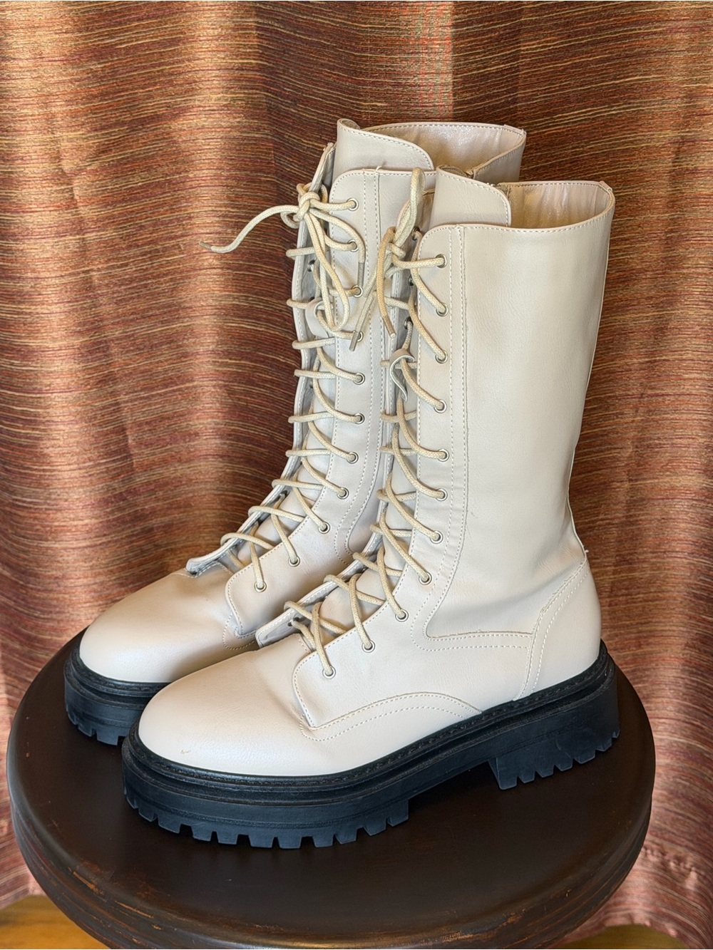 PrettyLittleThing Cream Calf-High Lace-Up Chunky Boots Size 6